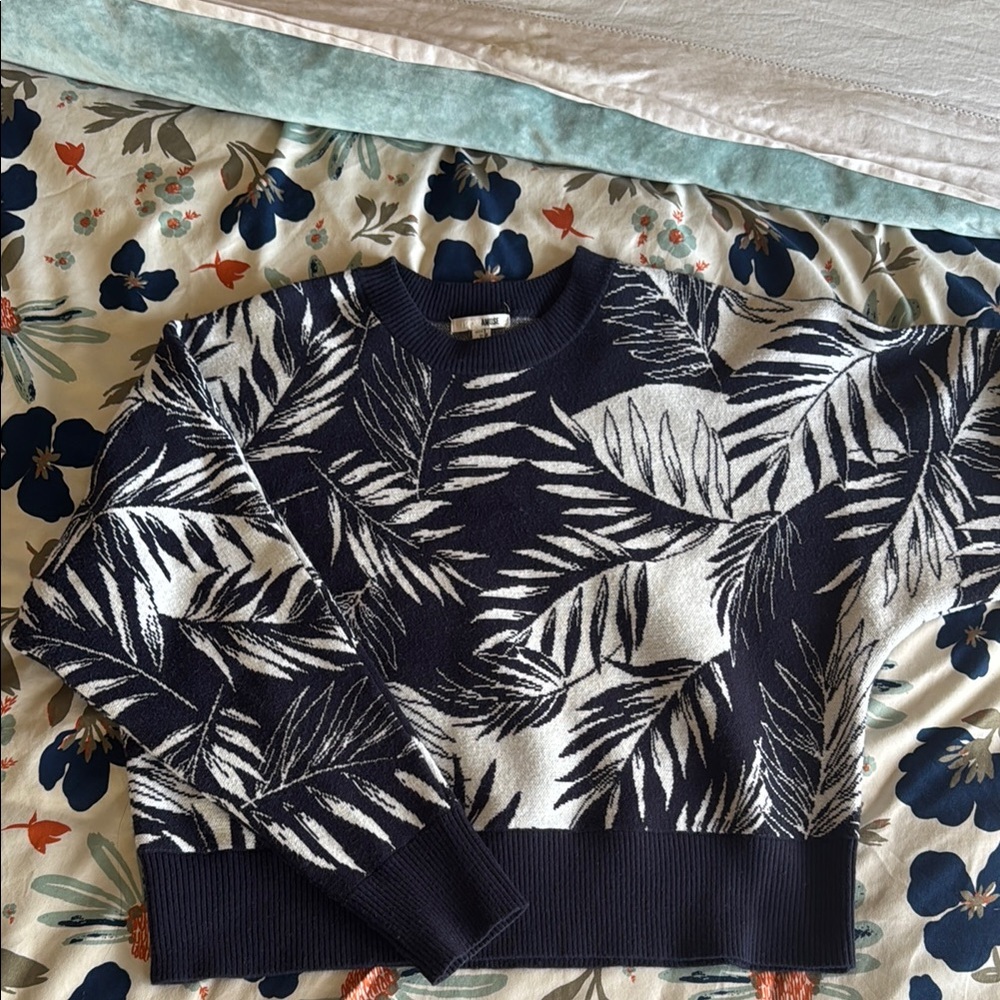 Amuse Society Leaf Print Sweater - Navy and White